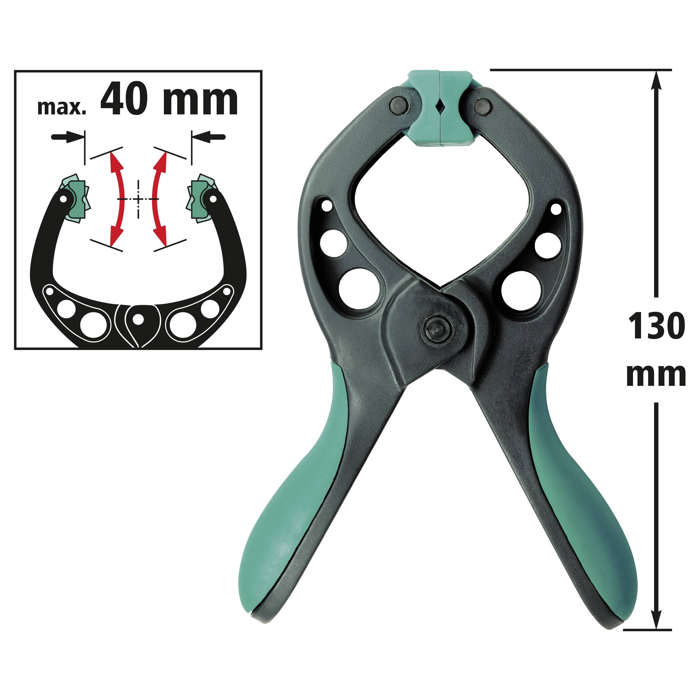 Hand clamp, plastic, maximum span width 40 mm, total length 130 mm.