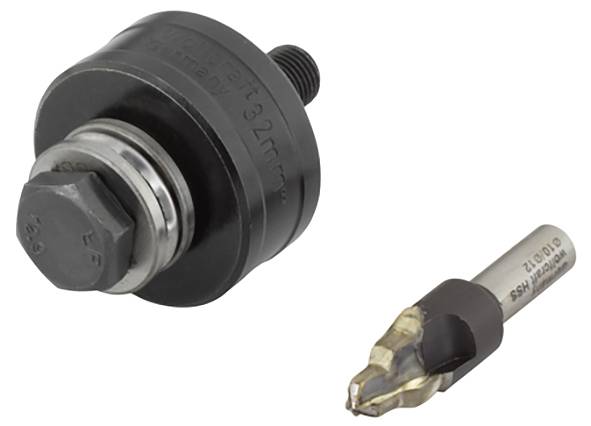 Metal hole saw and drill head placed side by side. They are tools used for drilling and cutting materials.