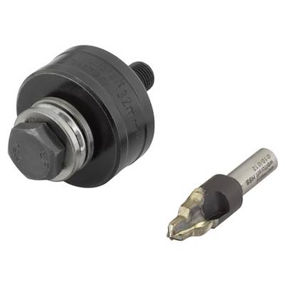 Metal hole saw and drill head placed side by side. They are tools used for drilling and cutting materials.