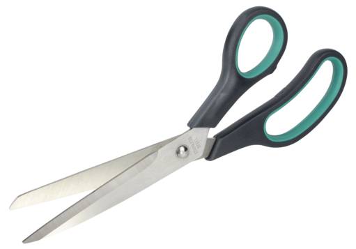 A pair of black and green-handled scissors with stainless steel blades, open slightly as if ready to cut.