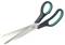 A pair of black and green-handled scissors with stainless steel blades, open slightly as if ready to cut.
