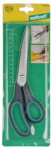 Packaging of Wolfcraft scissors featuring images of usage examples.