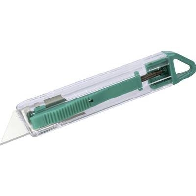 A sharp green craft knife with a transparent handle and slider.