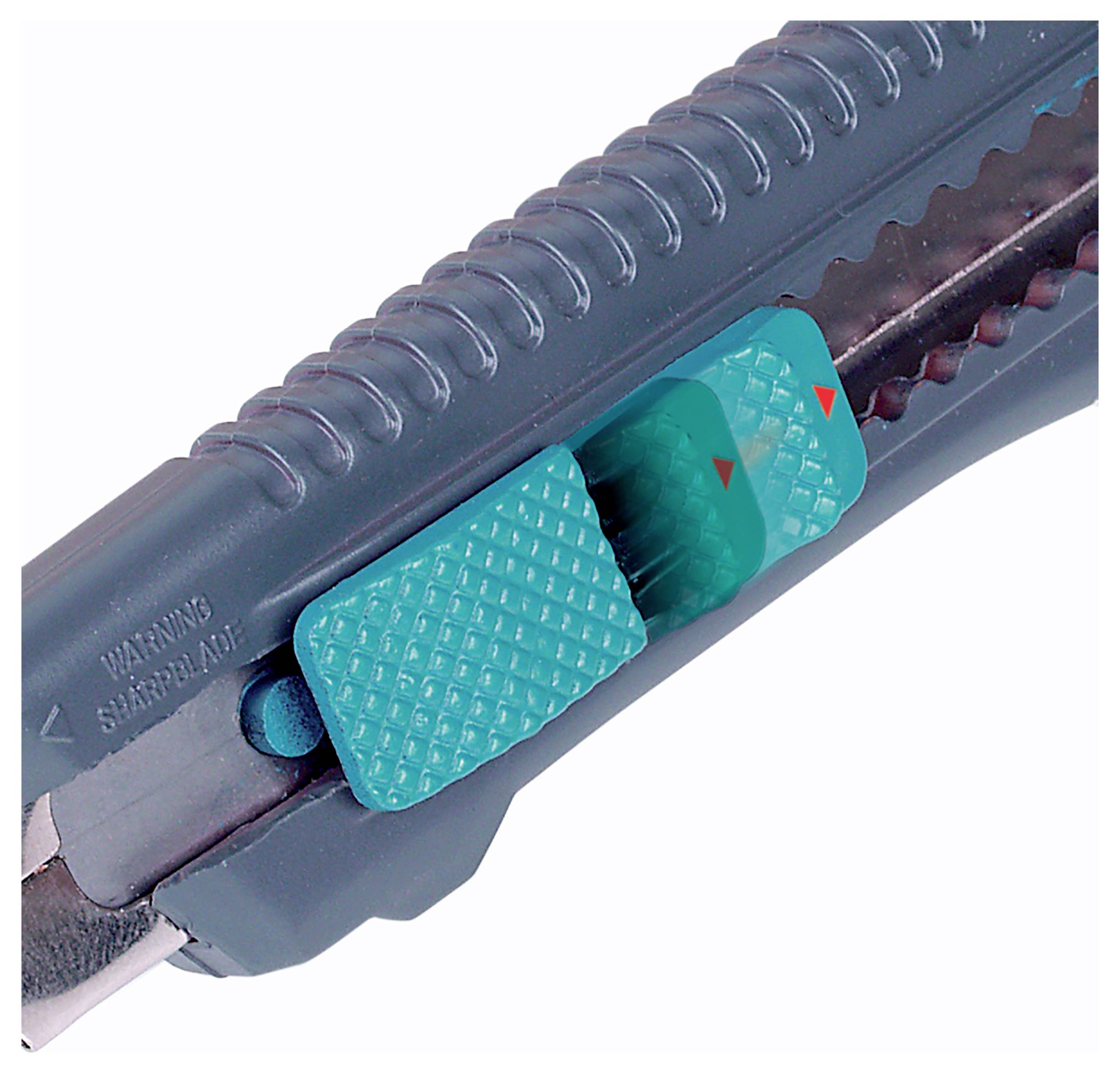 A grey utility knife with a blue sliding mechanism and a serrated blade edge. 'WARNING SHARP BLADE' text visible.