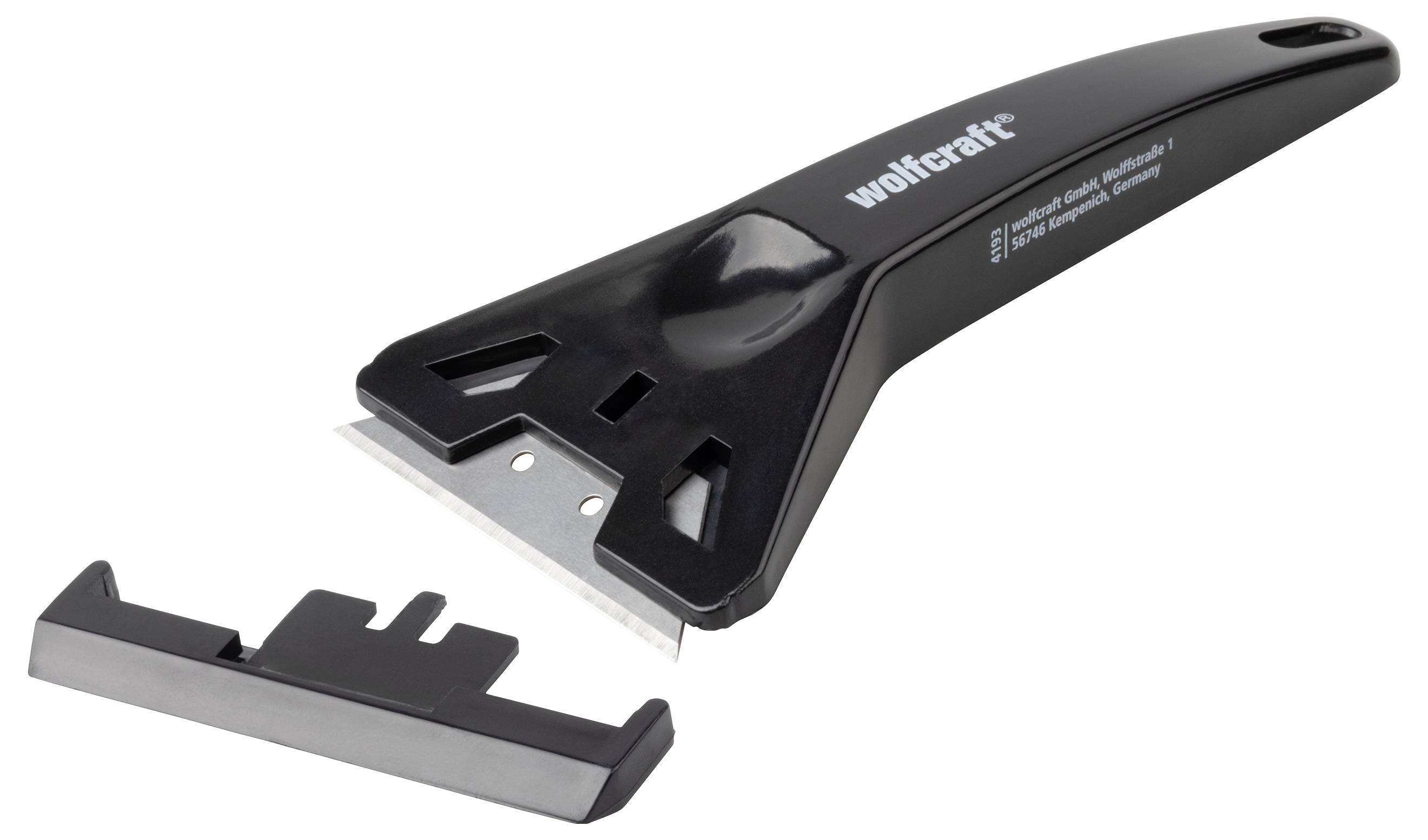A black paint scraper with a removable blade, suitable for removing wallpaper or paint layers from smooth surfaces.
