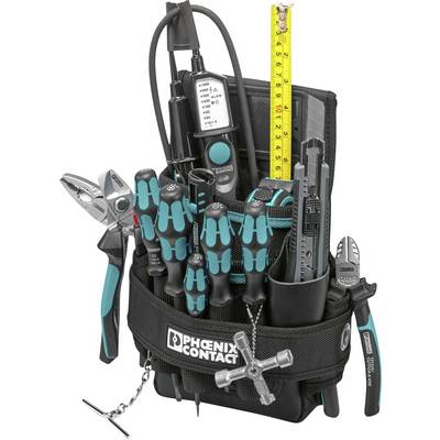 A tool belt with various items including screwdrivers, pliers, a measuring tape, and a cutter, branded with 'Phoenix Contact'.
