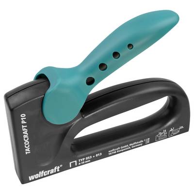 Hand stapler 'wolfcraft Tacocraft P10' with ergonomic, turquoise handle; suitable for Type 053 + 013 staples (4-10 mm).