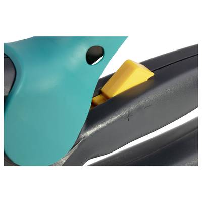 Close-up of a garden tool with a blue handle and yellow lever. The mechanism appears to be for operating the tool.