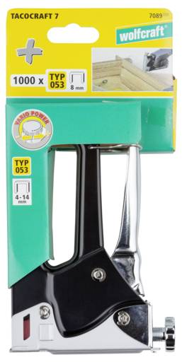 'Wolfcraft Tacocraft 7' hand stapler, shown packed, with 1000 staples included. Suitable for 8mm type 053 staples, adjustable power.