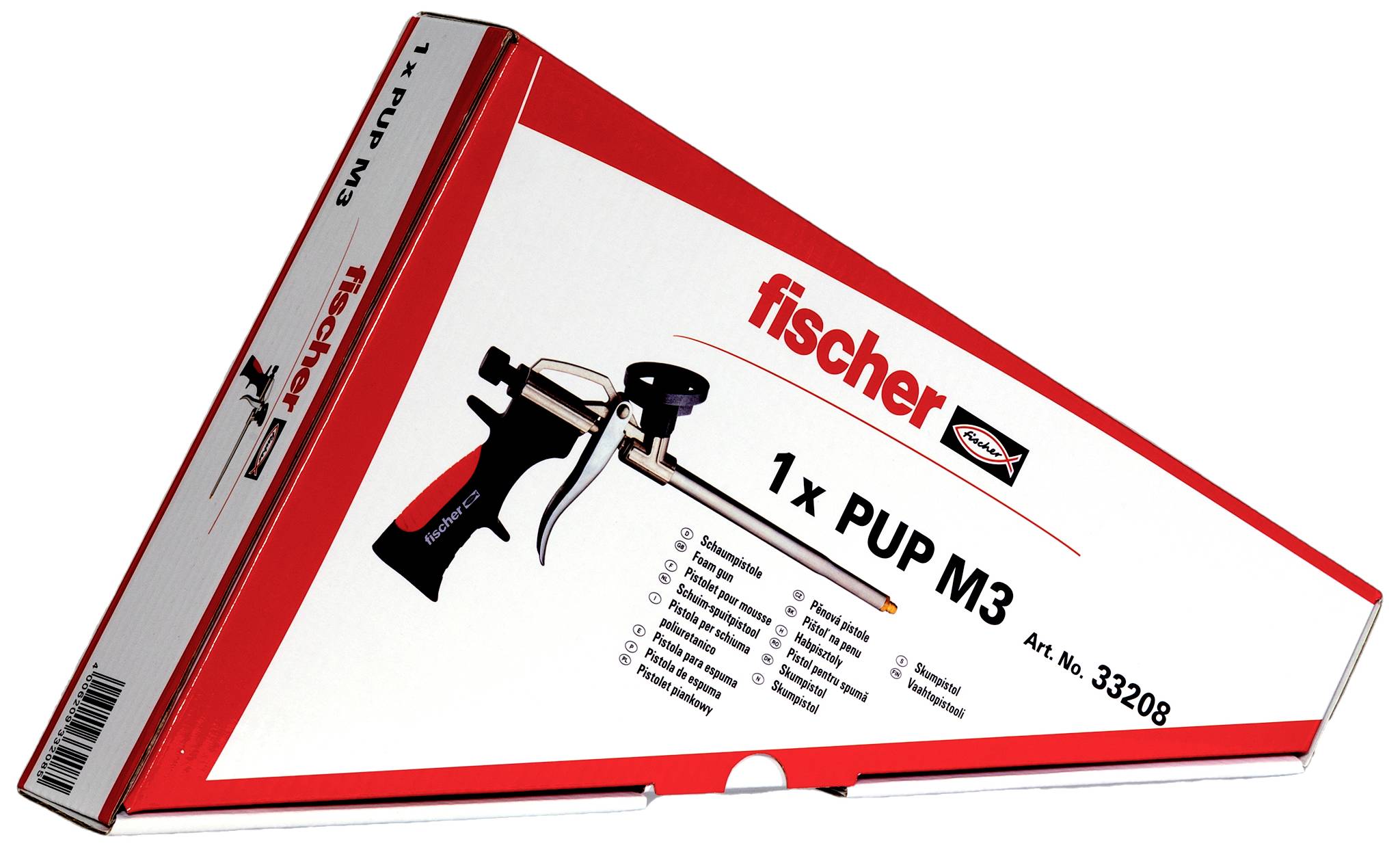 Fischer packaging for 1x PUP M3, a product carton with an illustration of a foam gun and product-related information.
