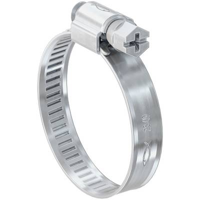 Close-up of a stainless steel hose clamp with a slotted band and screw housing, shown isolated on a white background.