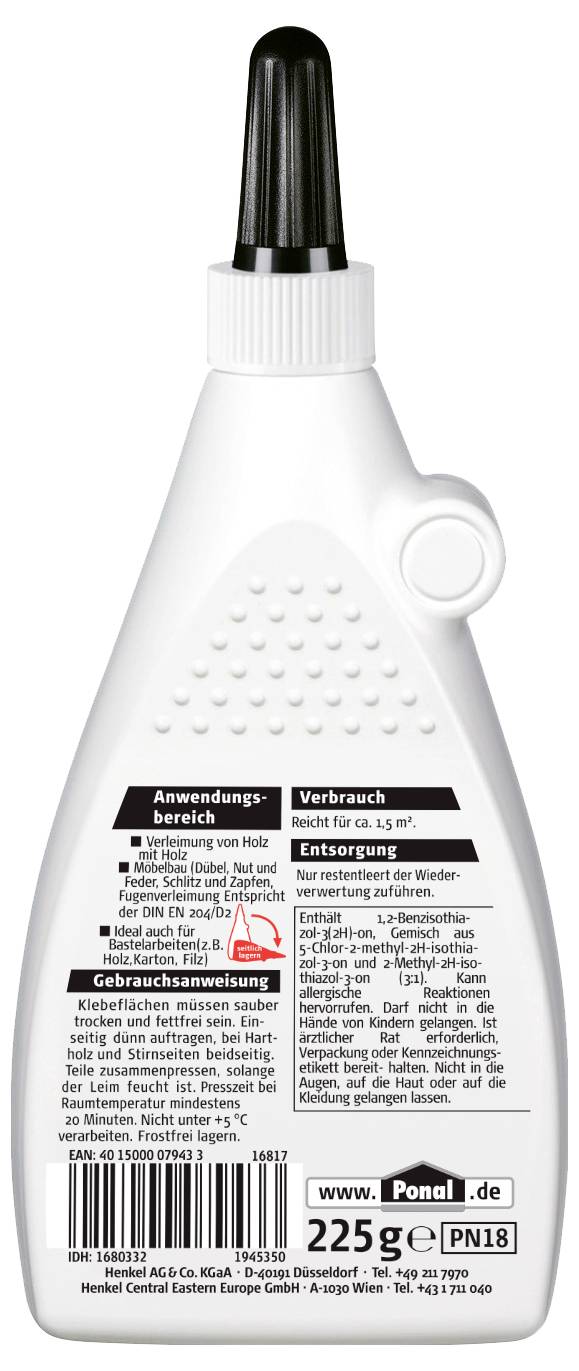 The image shows a bottle of wood glue, shaped with a pointed nozzle, featuring application instructions and product details on the back label.