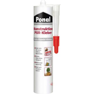 A tube of 'Ponal Construction PUR Adhesive', Wood Combination Glue. Bonds wood with many materials, extremely high adhesive strength, weather-resistant.