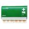 Green first aid plaster dispenser by Plum with 'QuickFix' printed on it. Contains flesh-coloured plasters and displays a handling symbol.