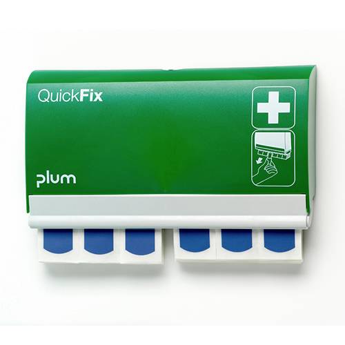 Green plaster box 'QuickFix' by Plum, with hinged lid and cross symbol. Contains ready-to-use plaster strips.