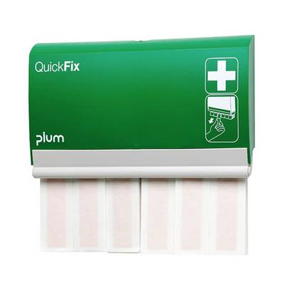 A green plaster dispenser with the inscription 'QuickFix' and 'plum', shows six prominent plasters ready for quick use.