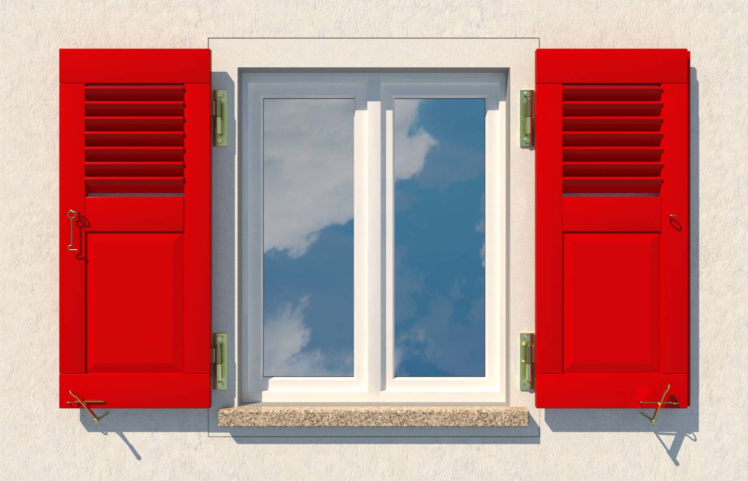 White-framed window with blue sky reflection, flanked by bright red shutters on a beige wall.