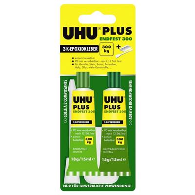 Two tubes of UHU PLUS Endfest 300 2-component epoxy adhesive, with high load-bearing capacity up to 300 kg/cm². Suitable for metals, stone, glass and plastics.