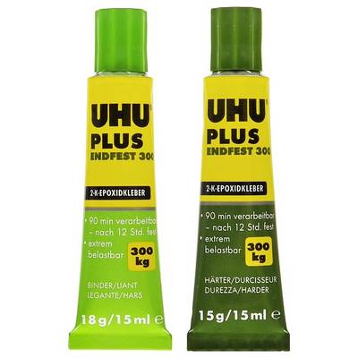 Two tubes of UHU Plus Endfest 300, two-component epoxy adhesive. One green tube, one yellow tube. Suitable for extremely durable bonds.