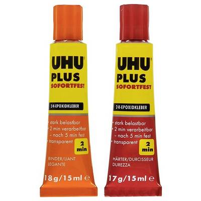 Two tubes of UHU Plus Instant Strong 2-Component Epoxy Adhesive, one orange, one yellow. Text indicates high load-bearing capacity and short processing time.