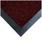 Corner of a red and black doormat with a black border, texture of small woven loops. Ideal for entrance areas.