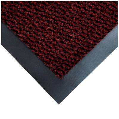 Corner of a red carpet with a black border on a white background.