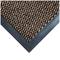 Corner of a patterned carpet with a non-slip black rubber edging.