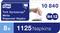 Tork Xpressnap napkin pack, 8 packs of 1125 white napkins, article number 10840. One hand removes a napkin.