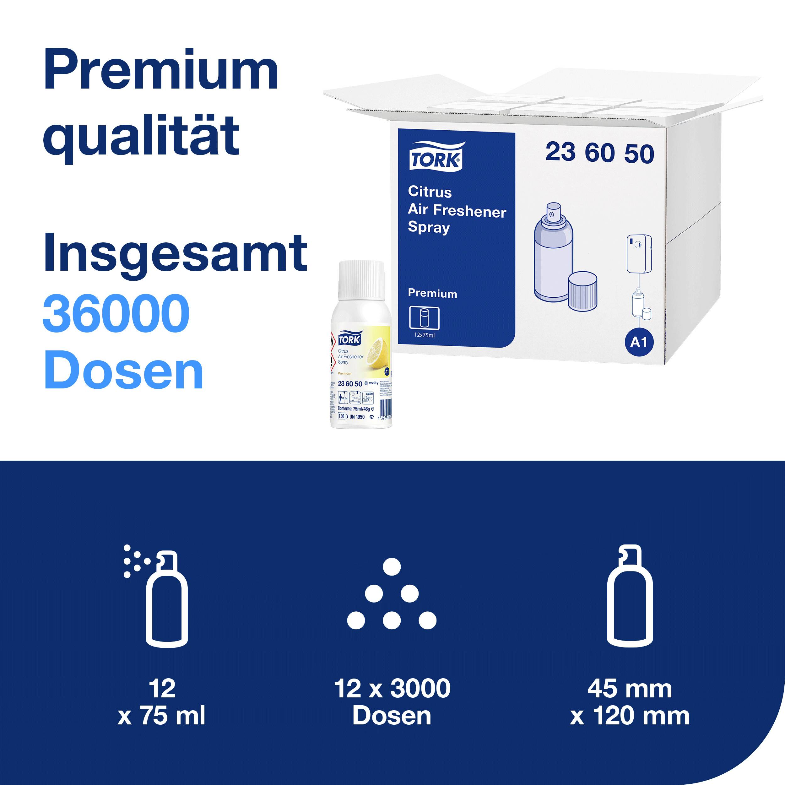 'Premium Quality, Total 36,000 Doses' is printed on a Tork Citrus Air Freshener Spray carton. Details about the quantity and size of the doses.