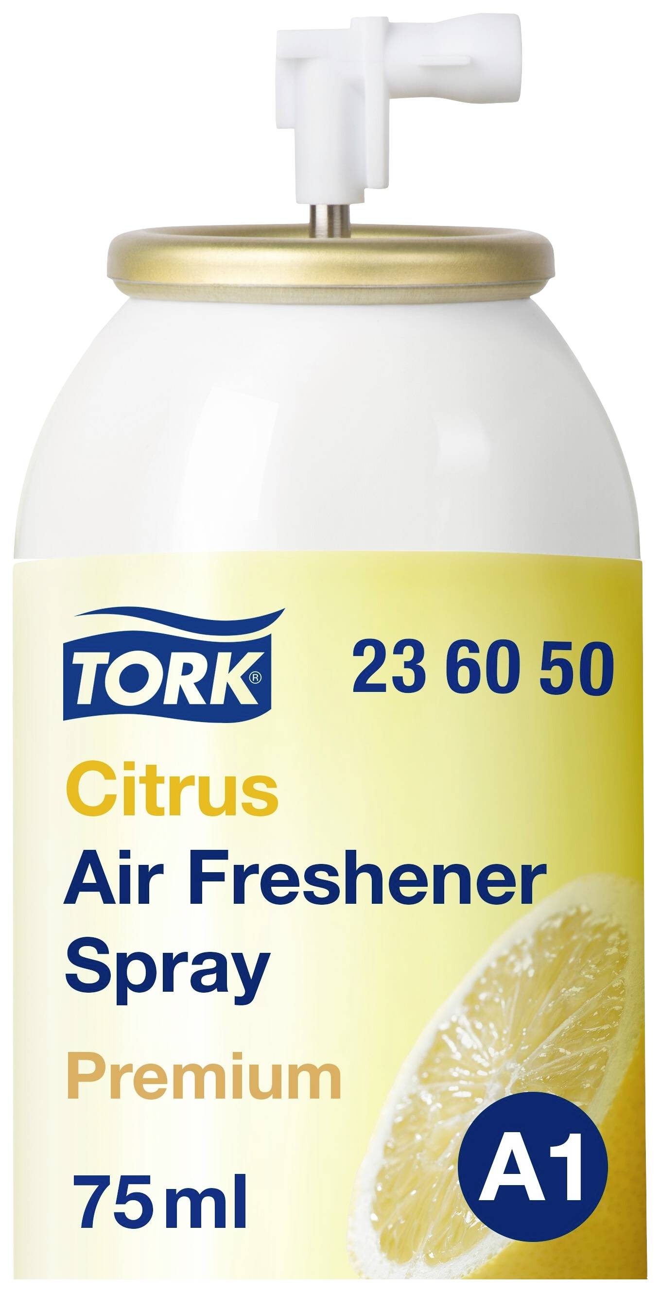 Tork Citrus Air Freshener Spray, Premium, 75 ml, with golden cap. Design includes an image of a lemon slice.
