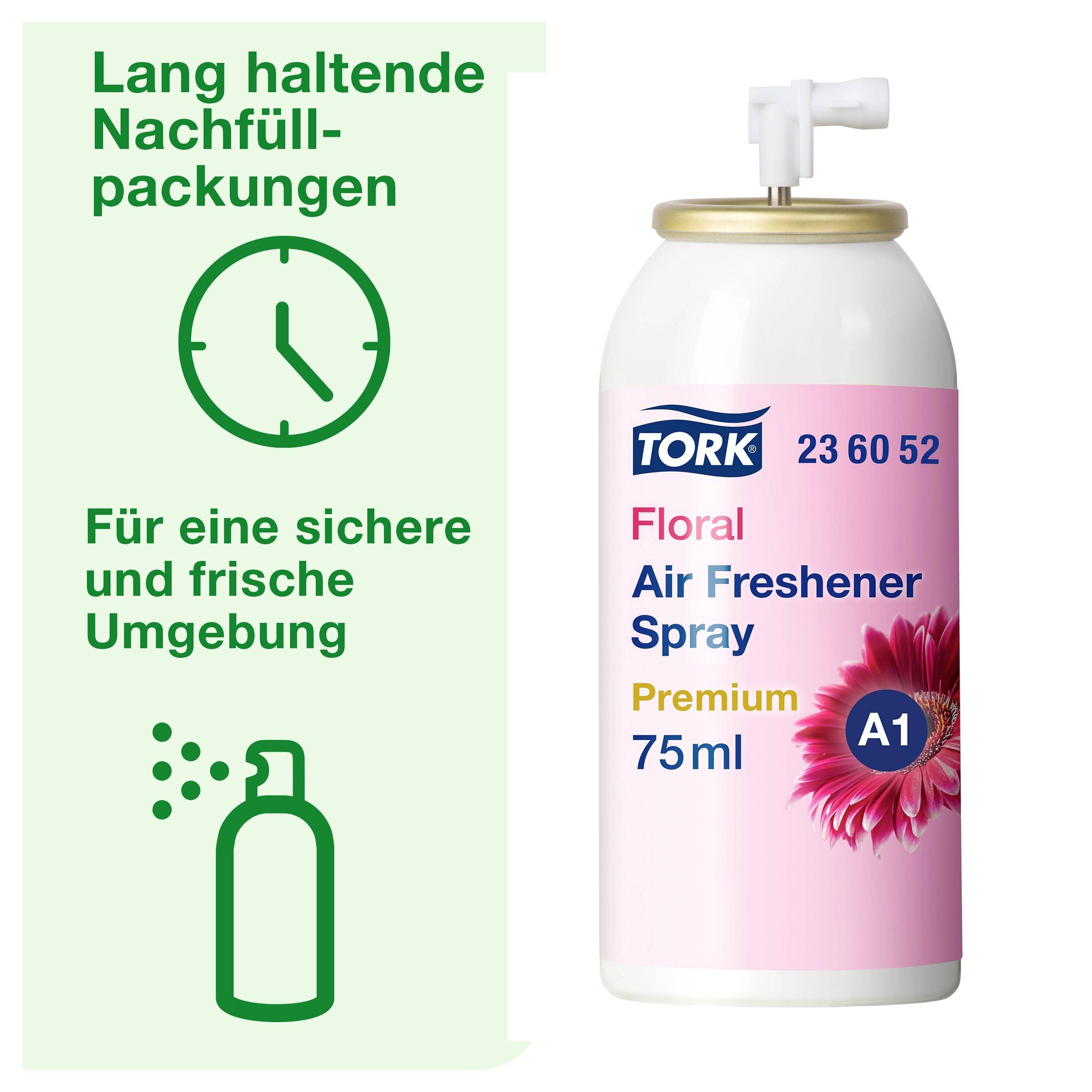 'Long-lasting refill packs for a safe and fresh environment.' Image of a Tork Floral Air Freshener spray bottle.
