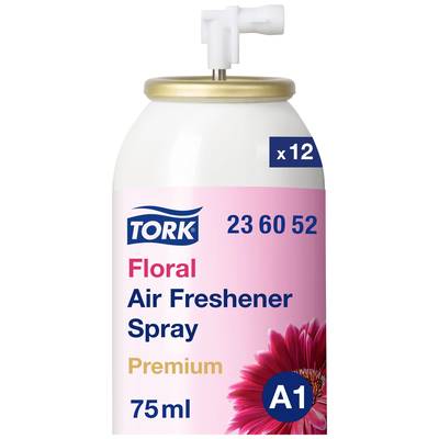 'Air freshener spray by TORK, Floral fragrance, Premium, 75 ml. White container with pink label and flower.'