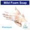 'Lather hands with foam soap, Text: Mild Foam Soap, Premium. EU Ecolabel logo bottom right.'