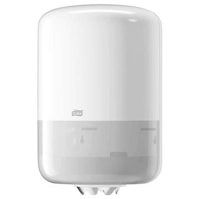 White wall-mounted Tork paper towel dispenser with a clear lower window and visible refill indicator area<br>