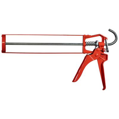 Red caulking gun with a metal tube frame and trigger handle, used for applying sealant or adhesive.