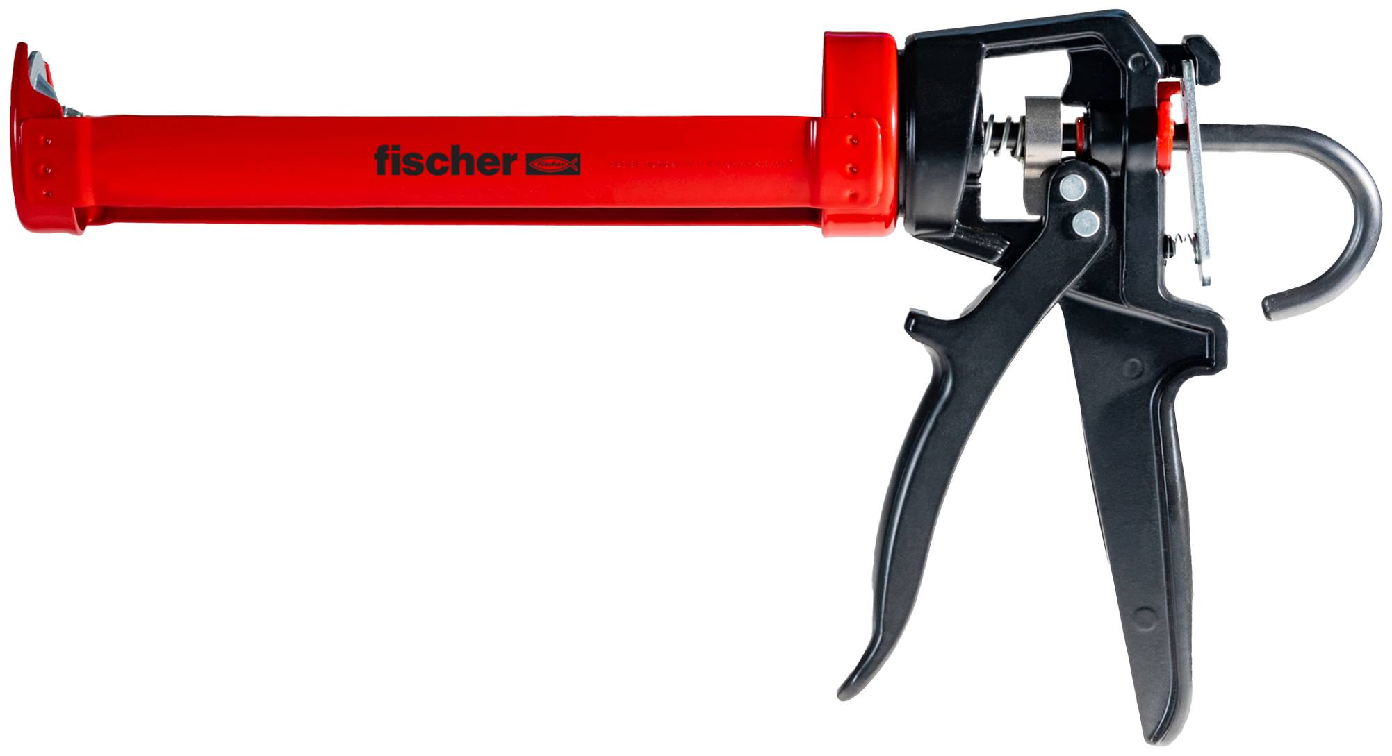 Red Fischer cartridge caulking gun with black trigger handle and metal frame on a white background.