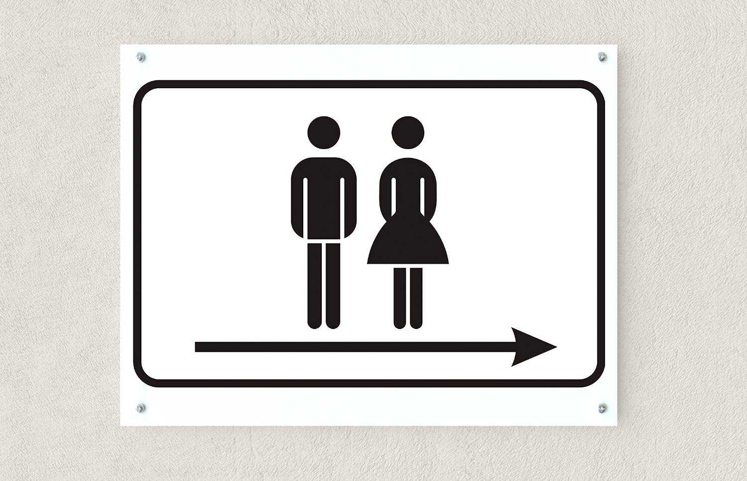 Sign directing men and women to the right, shown with male and female restroom symbols and a right-pointing arrow.
