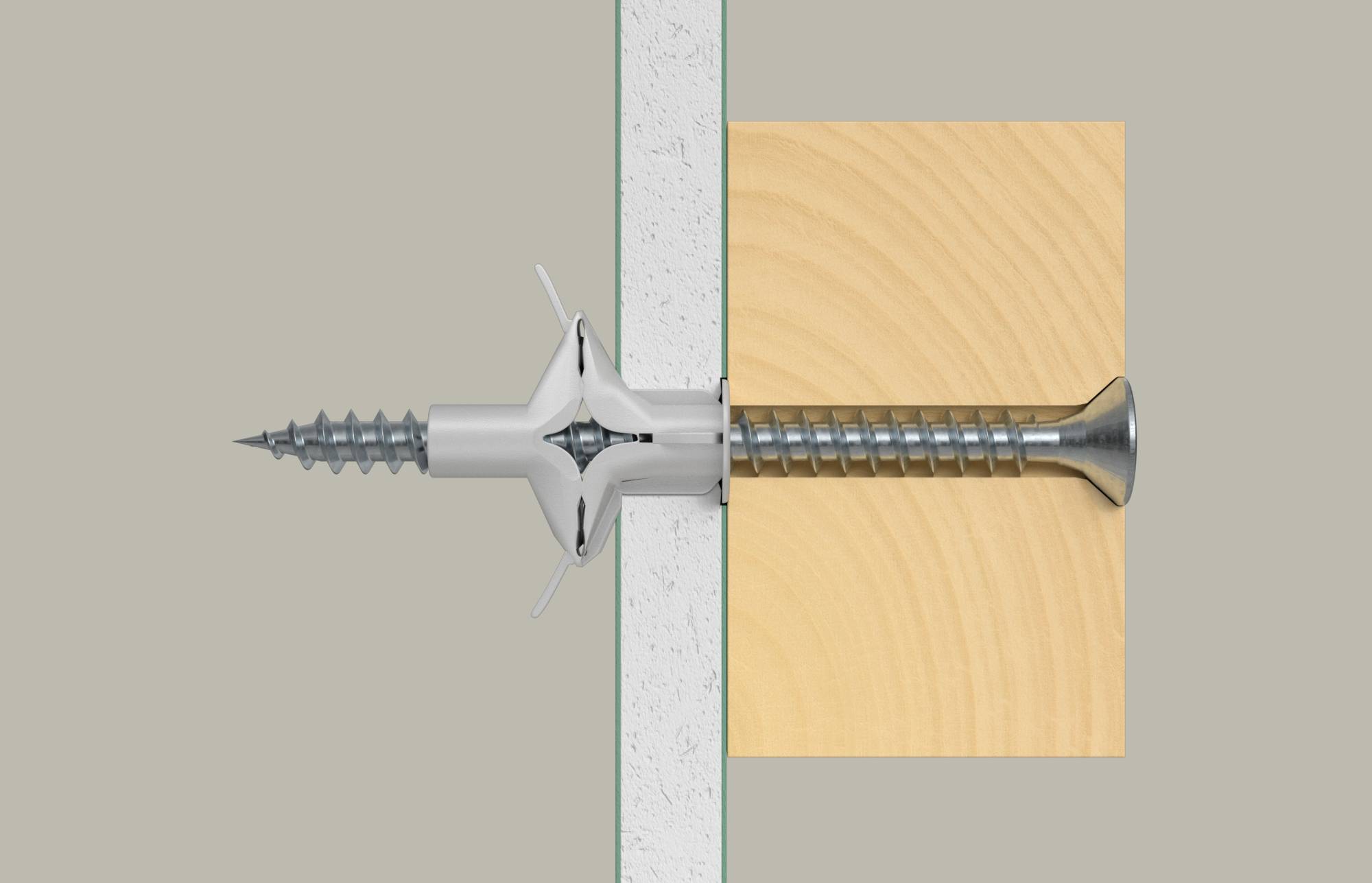 Cross-section illustration of a screw securing wood to a wall stud or panel, showing the screw passing through drywall into wood.