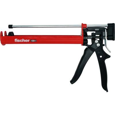 Red and black caulking gun with long metal rod and 'fischer' branding, shown on a white background.