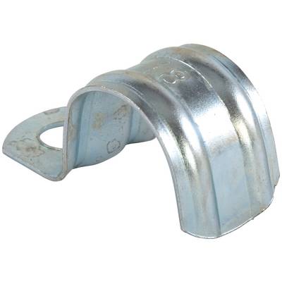 Metal pipe clamp bracket with a curved saddle and flat mounting tab, shown on a white background.<br>