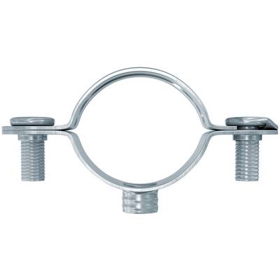 Metal pipe clamp with three threaded bolts securing a circular ring around a pipe or conduit.