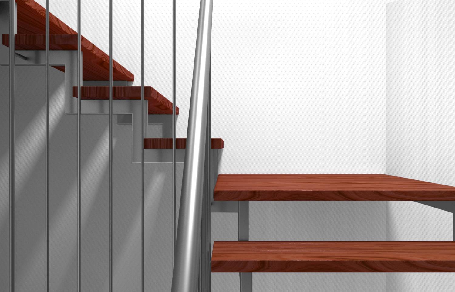 Modern staircase with reddish-brown wooden steps, silver metal railings, and a white wall in the background.