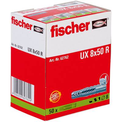 Box of Fischer UX 8x50 R nylon wall plugs, 50-pack, product number 62762, shown on white background.