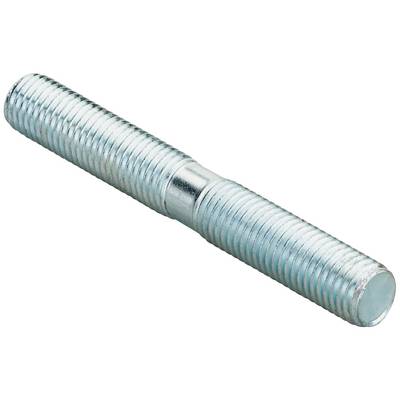 A metal threaded rod or bolt shown diagonally on a white background, with threads along most of its length and a flat end visible.<br>