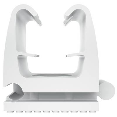 White plastic clip or clamp with open jaws, shown front view on a plain background.