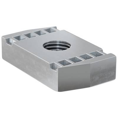 Metal rectangular machine nut block with a central threaded hole and recessed grooves along the top edges.