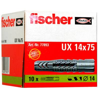 Fischer UX 14x75 nylon wall plug package, showing a black anchor, '10x' quantity, and 'Art.-Nr. 77893' on red and white box.