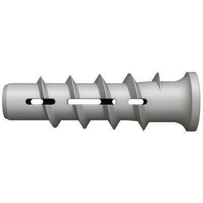 Gray plastic wall anchor with ridged body and side slots, used to secure screws in drywall or masonry.