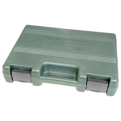 Green plastic toolbox with black fastening, suitable for storing tools.