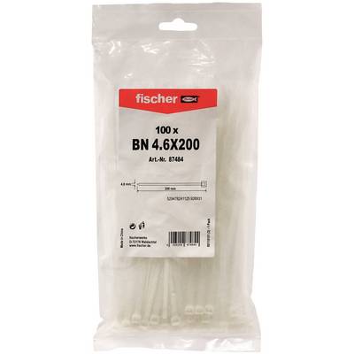 Package of Fischer BN 4.6x200 cable ties, 100 count, white, in a clear hanging bag with product label and barcode.